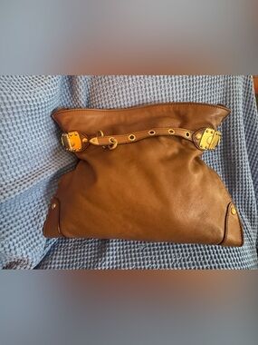 Miu Miu Tan Leather Shoulder Bag with Gold Plaque